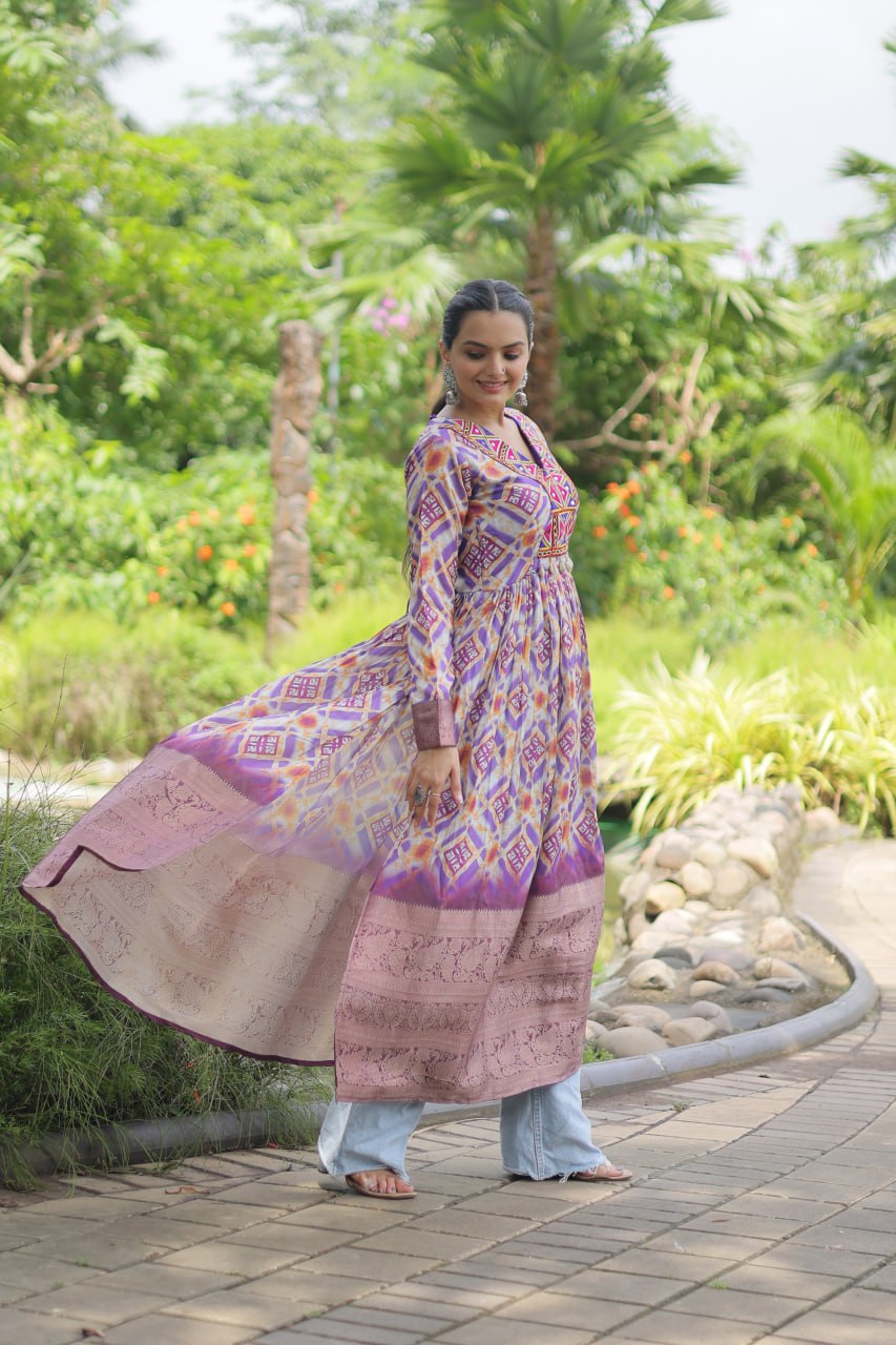 White Designer Printed Kurti in Heavy Cotton with Kutchi Gamthi Lace and Kodi Work ClothsVilla.com Main image