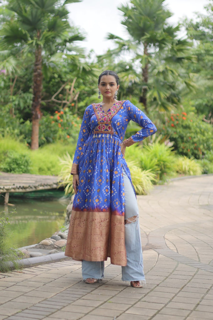 Blue Designer Printed Kurti in Heavy Cotton with Kutchi Gamthi Lace and Kodi Work ClothsVilla.com