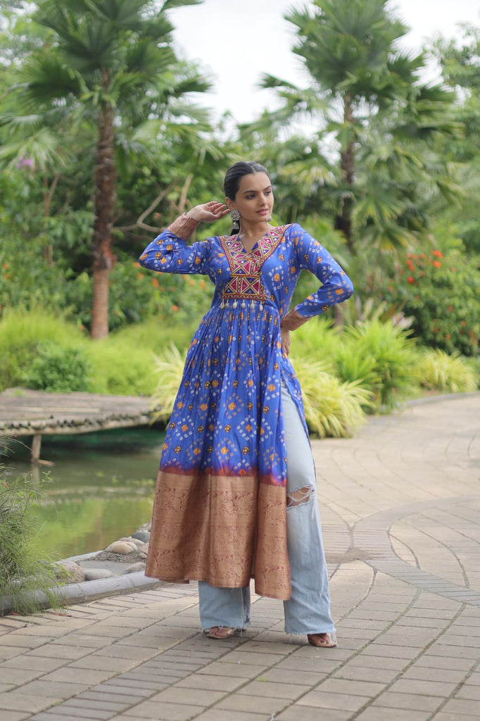 Blue Designer Printed Kurti in Heavy Cotton with Kutchi Gamthi Lace and Kodi Work ClothsVilla.com