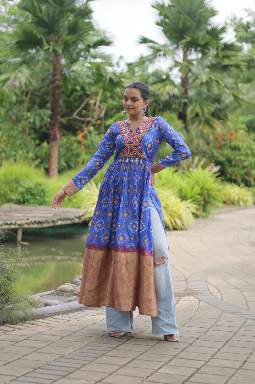 Blue Designer Printed Kurti in Heavy Cotton with Kutchi Gamthi Lace and Kodi Work ClothsVilla.com
