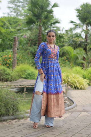 Blue Designer Printed Kurti in Heavy Cotton with Kutchi Gamthi Lace and Kodi Work ClothsVilla.com