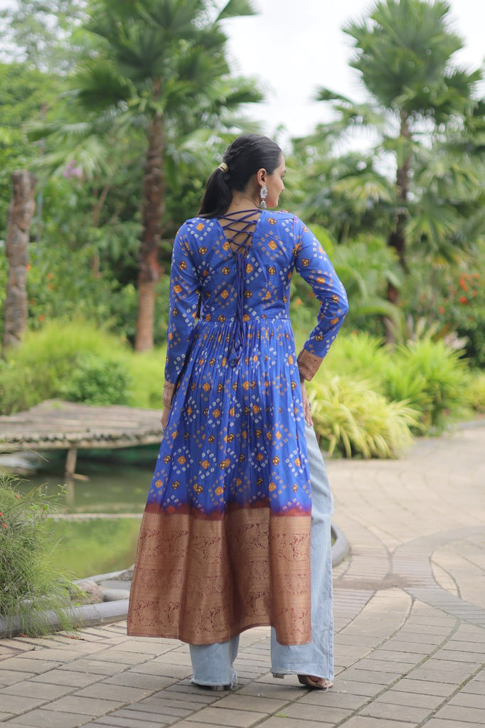 Blue Designer Printed Kurti in Heavy Cotton with Kutchi Gamthi Lace and Kodi Work ClothsVilla.com