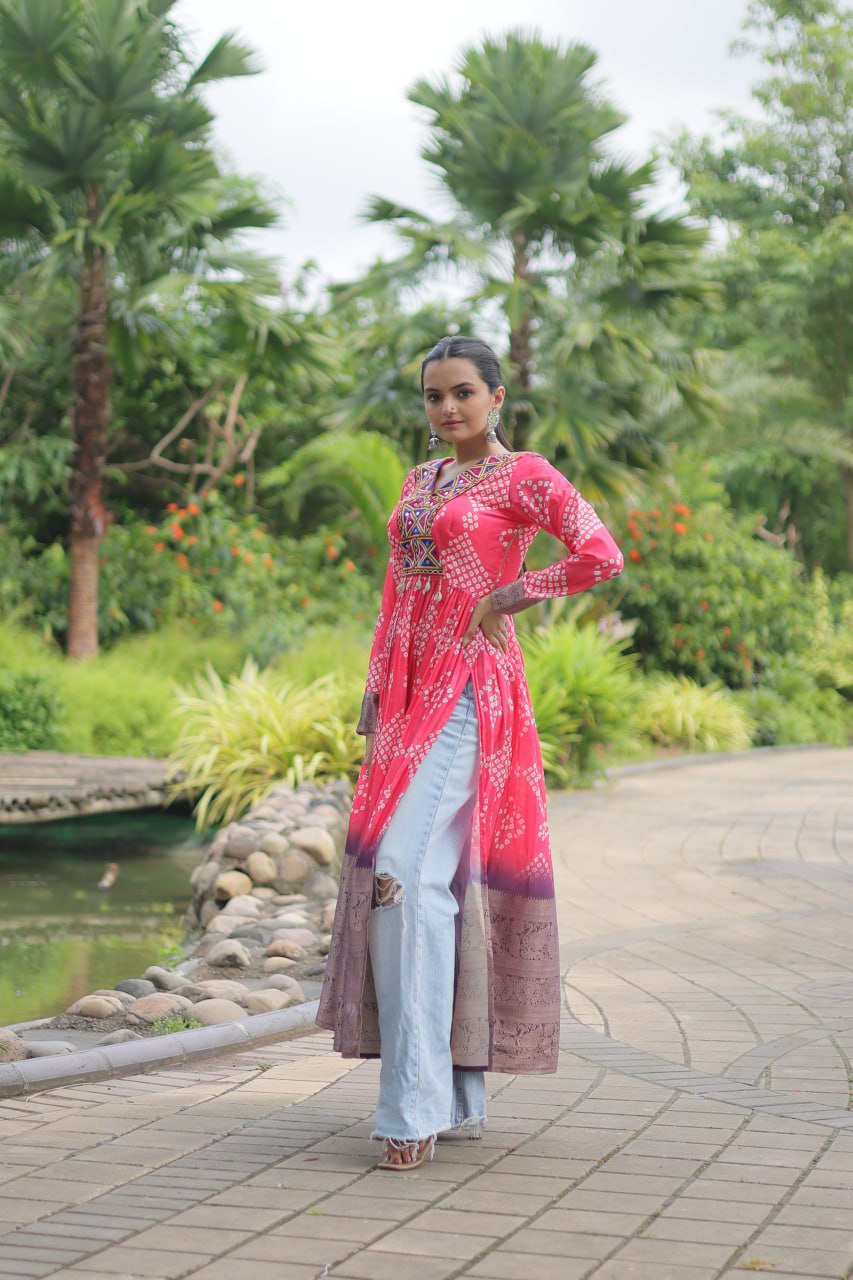 Magenta Designer Printed Kurti in Heavy Cotton with Kutchi Gamthi Lace and Kodi Work ClothsVilla.com