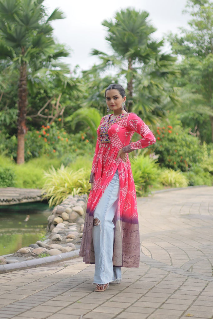 Magenta Designer Printed Kurti in Heavy Cotton with Kutchi Gamthi Lace and Kodi Work ClothsVilla.com