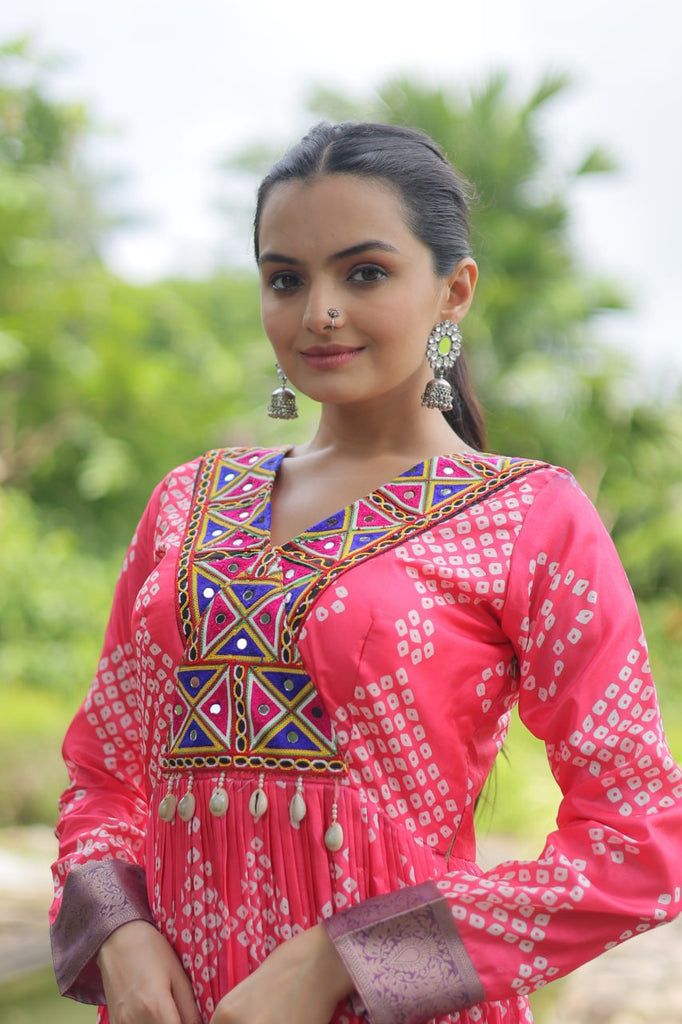 Magenta Designer Printed Kurti in Heavy Cotton with Kutchi Gamthi Lace and Kodi Work ClothsVilla.com