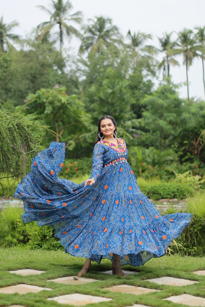 Blue Elegant Bandhani Print Gown with Kutchi Patchwork in Faux Georgette ClothsVilla