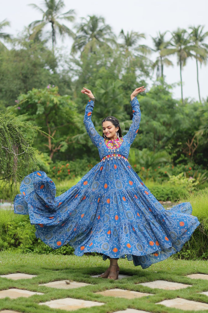 Blue Elegant Bandhani Print Gown with Kutchi Patchwork in Faux Georgette ClothsVilla