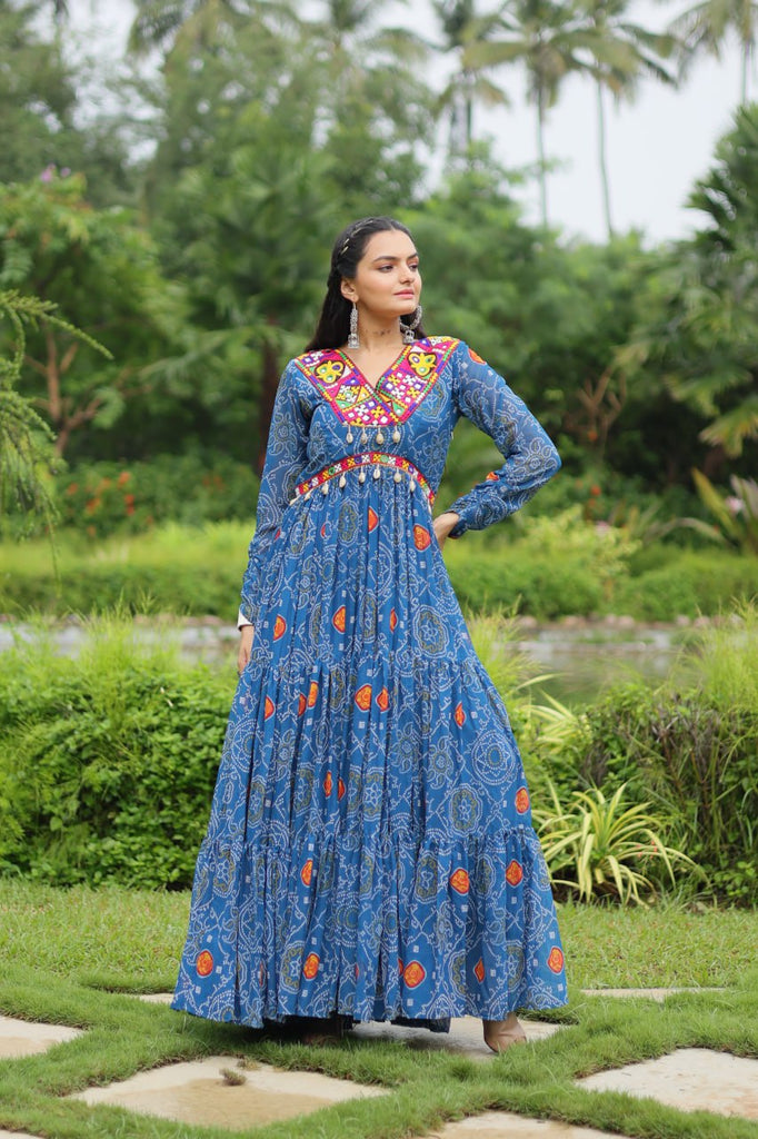 Blue Elegant Bandhani Print Gown with Kutchi Patchwork in Faux Georgette ClothsVilla