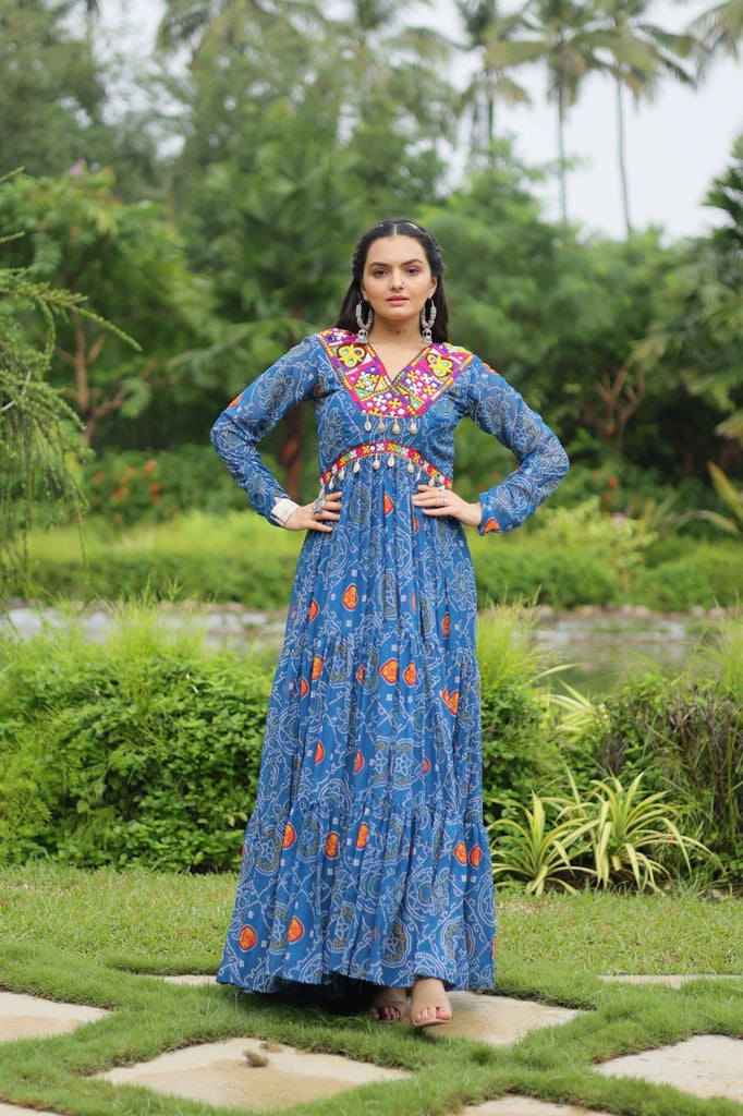 Blue Elegant Bandhani Print Gown with Kutchi Patchwork in Faux Georgette ClothsVilla