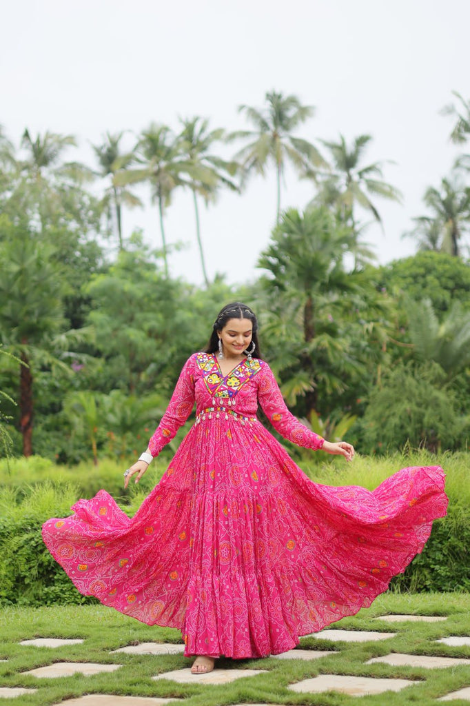 Magenta Elegant Bandhani Print Gown with Kutchi Patchwork in Faux Georgette ClothsVilla