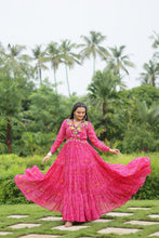 Load image into Gallery viewer, Magenta Elegant Bandhani Print Gown with Kutchi Patchwork in Faux Georgette ClothsVilla