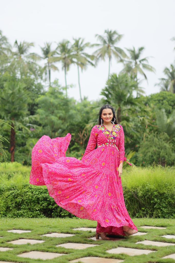 Magenta Elegant Bandhani Print Gown with Kutchi Patchwork in Faux Georgette ClothsVilla