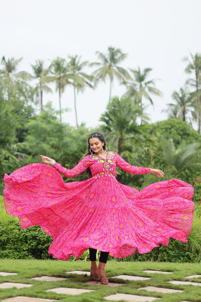 Magenta Elegant Bandhani Print Gown with Kutchi Patchwork in Faux Georgette ClothsVilla