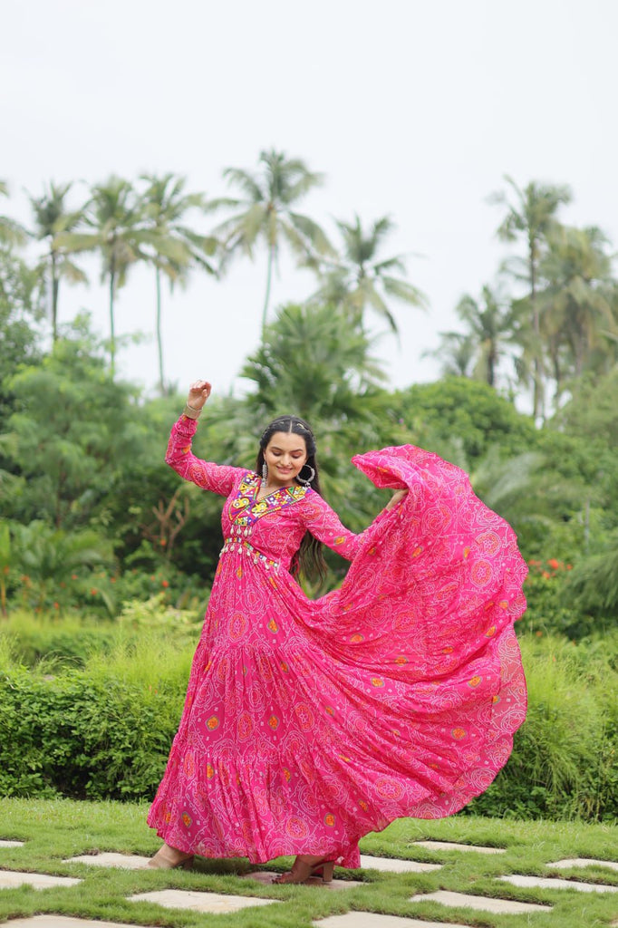 Magenta Elegant Bandhani Print Gown with Kutchi Patchwork in Faux Georgette ClothsVilla