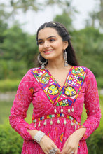 Load image into Gallery viewer, Magenta Elegant Bandhani Print Gown with Kutchi Patchwork in Faux Georgette ClothsVilla