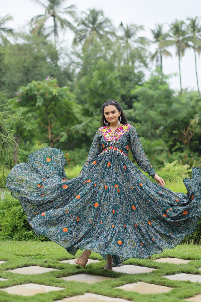 Green Elegant Bandhani Print Gown with Kutchi Patchwork in Faux Georgette ClothsVilla