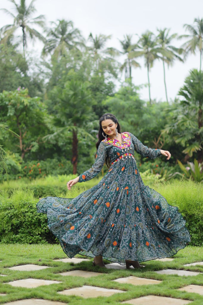 Green Elegant Bandhani Print Gown with Kutchi Patchwork in Faux Georgette ClothsVilla