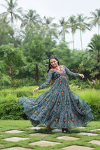 Load image into Gallery viewer, Green Elegant Bandhani Print Gown with Kutchi Patchwork in Faux Georgette ClothsVilla