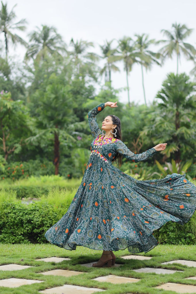 Green Elegant Bandhani Print Gown with Kutchi Patchwork in Faux Georgette ClothsVilla