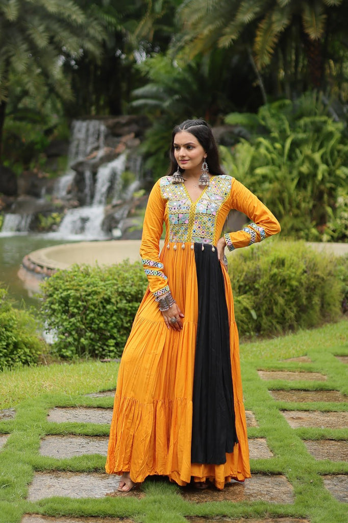 Yellow Stunning Partywear Gown with Kutchi Gamthi Work ClothsVilla