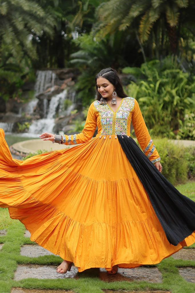 Yellow Stunning Partywear Gown with Kutchi Gamthi Work ClothsVilla