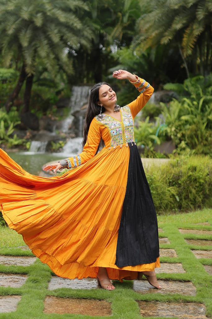 Yellow Stunning Partywear Gown with Kutchi Gamthi Work ClothsVilla