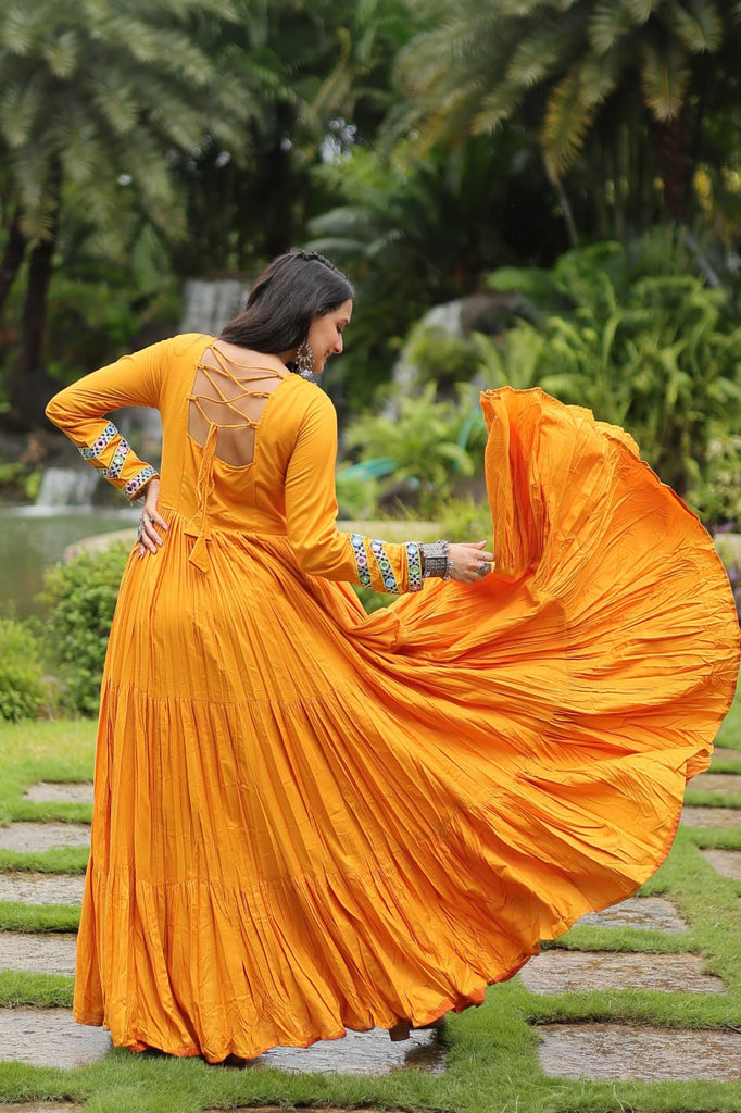 Yellow Stunning Partywear Gown with Kutchi Gamthi Work ClothsVilla