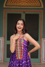 Load image into Gallery viewer, Purple Graceful Leheriya Print Gown with Kutchi Patchwork ClothsVilla