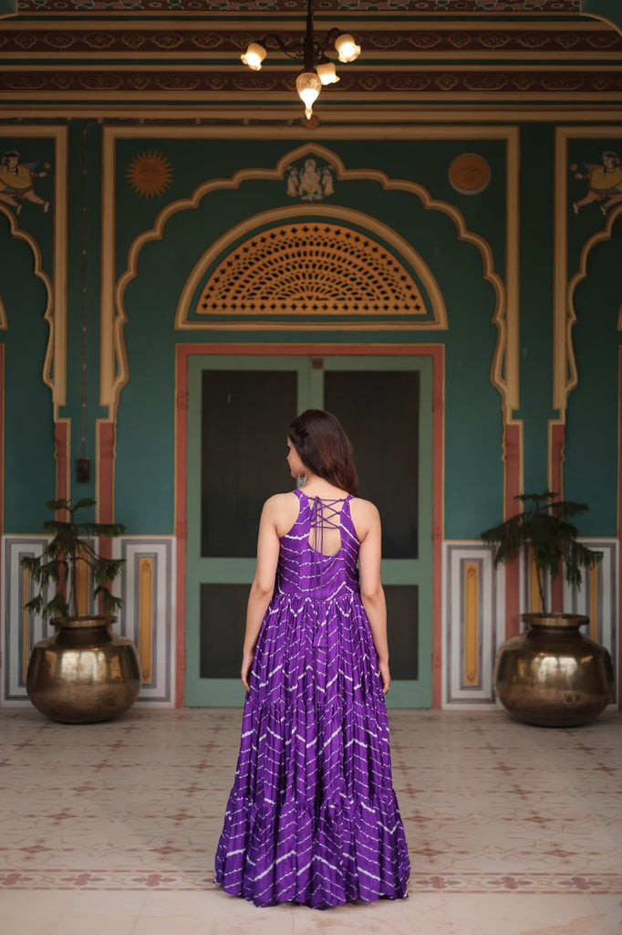 Purple Graceful Leheriya Print Gown with Kutchi Patchwork ClothsVilla