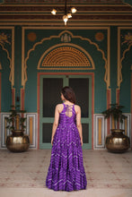 Load image into Gallery viewer, Purple Graceful Leheriya Print Gown with Kutchi Patchwork ClothsVilla