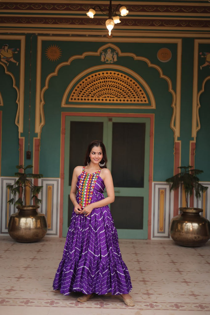 Purple Graceful Leheriya Print Gown with Kutchi Patchwork ClothsVilla