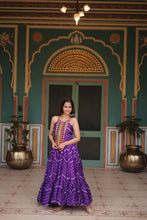 Load image into Gallery viewer, Purple Graceful Leheriya Print Gown with Kutchi Patchwork ClothsVilla