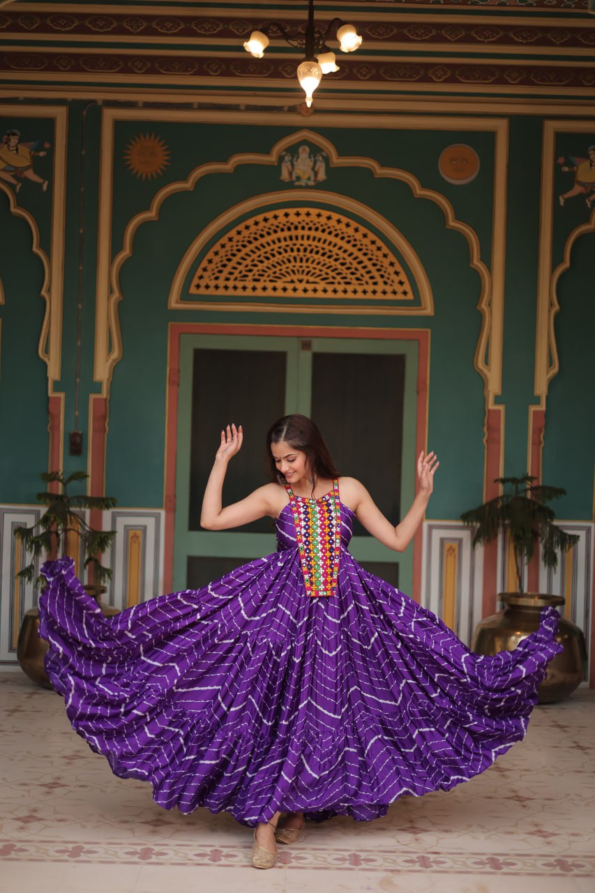 Purple Graceful Leheriya Print Gown with Kutchi Patchwork ClothsVilla
