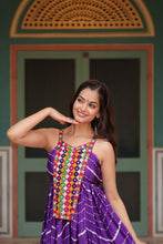 Load image into Gallery viewer, Purple Graceful Leheriya Print Gown with Kutchi Patchwork ClothsVilla