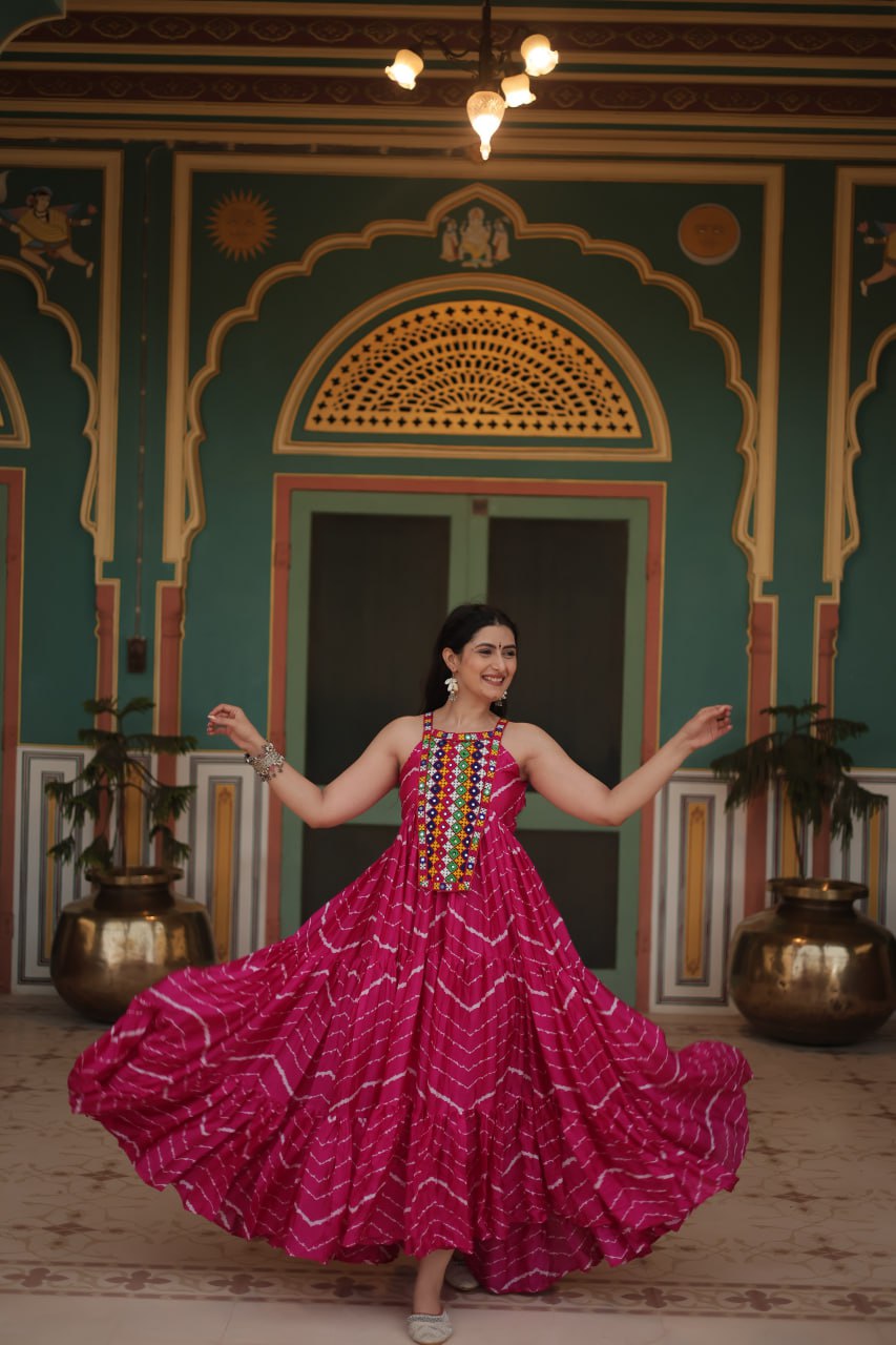 Magenta Graceful Leheriya Print Gown with Kutchi Patchwork ClothsVilla