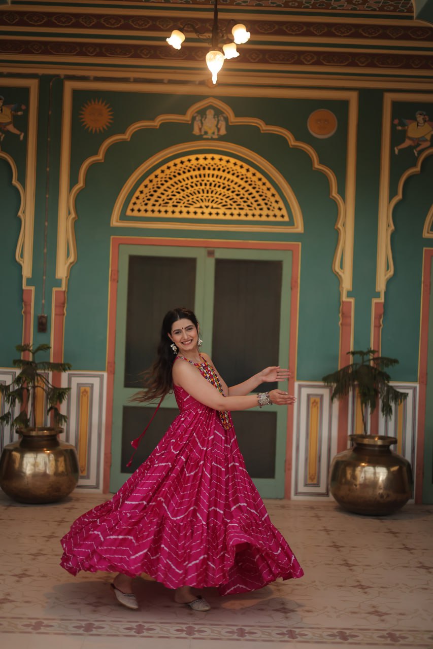 Magenta Graceful Leheriya Print Gown with Kutchi Patchwork Secondary image