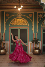 Load image into Gallery viewer, Magenta Graceful Leheriya Print Gown with Kutchi Patchwork ClothsVilla