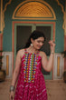 Load image into Gallery viewer, Magenta Graceful Leheriya Print Gown with Kutchi Patchwork ClothsVilla