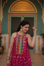 Load image into Gallery viewer, Magenta Graceful Leheriya Print Gown with Kutchi Patchwork ClothsVilla