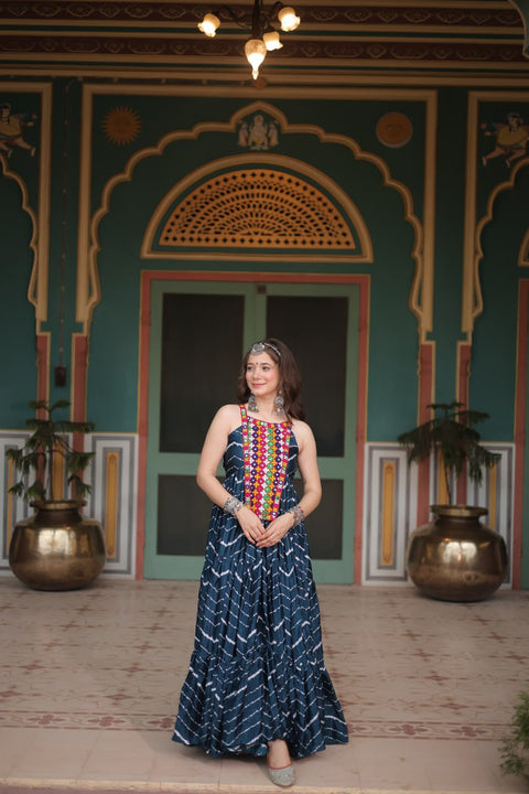 Navy Blue Graceful Leheriya Print Gown with Kutchi Patchwork ClothsVilla Main image