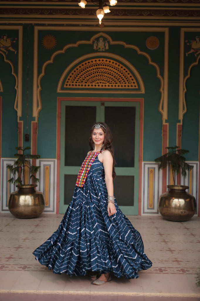 Navy Blue Graceful Leheriya Print Gown with Kutchi Patchwork ClothsVilla