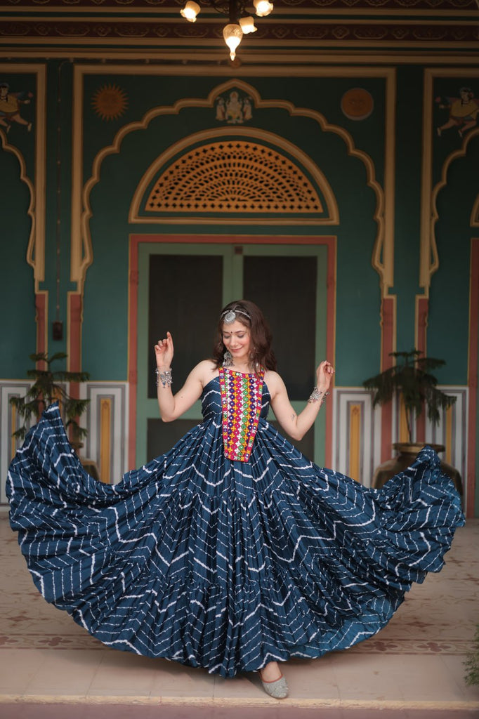 Navy Blue Graceful Leheriya Print Gown with Kutchi Patchwork ClothsVilla