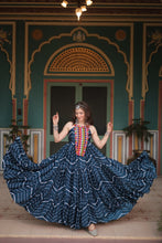 Load image into Gallery viewer, Navy Blue Graceful Leheriya Print Gown with Kutchi Patchwork ClothsVilla