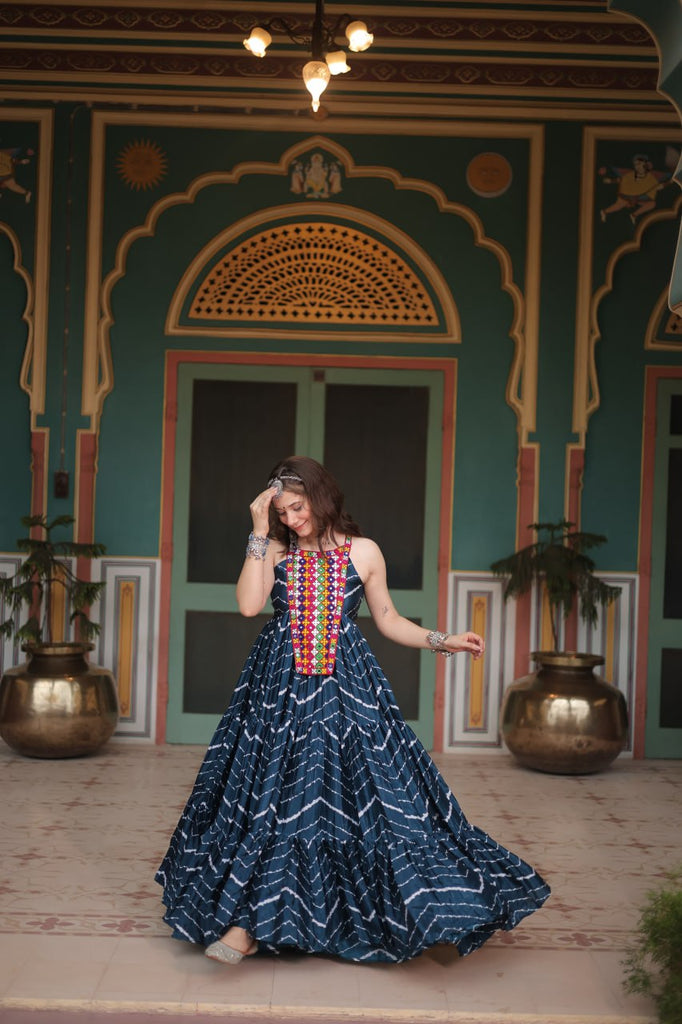 Navy Blue Graceful Leheriya Print Gown with Kutchi Patchwork ClothsVilla