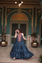 Load image into Gallery viewer, Navy Blue Graceful Leheriya Print Gown with Kutchi Patchwork ClothsVilla