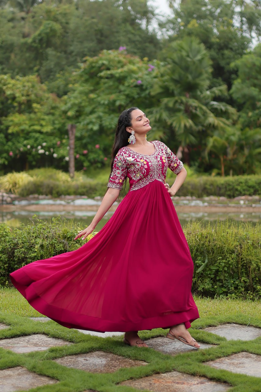 Magenta Luxury Designer Gown with Zari and Sequins Embroidery ClothsVilla