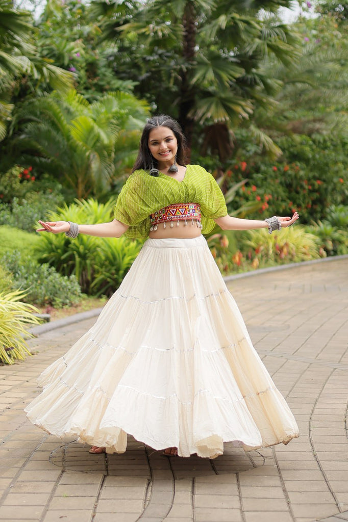 Green Elegant Lehenga with Leheriya Print Blouse ClothsVilla