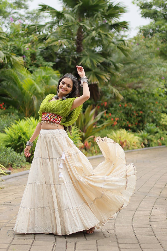 Green Elegant Lehenga with Leheriya Print Blouse ClothsVilla