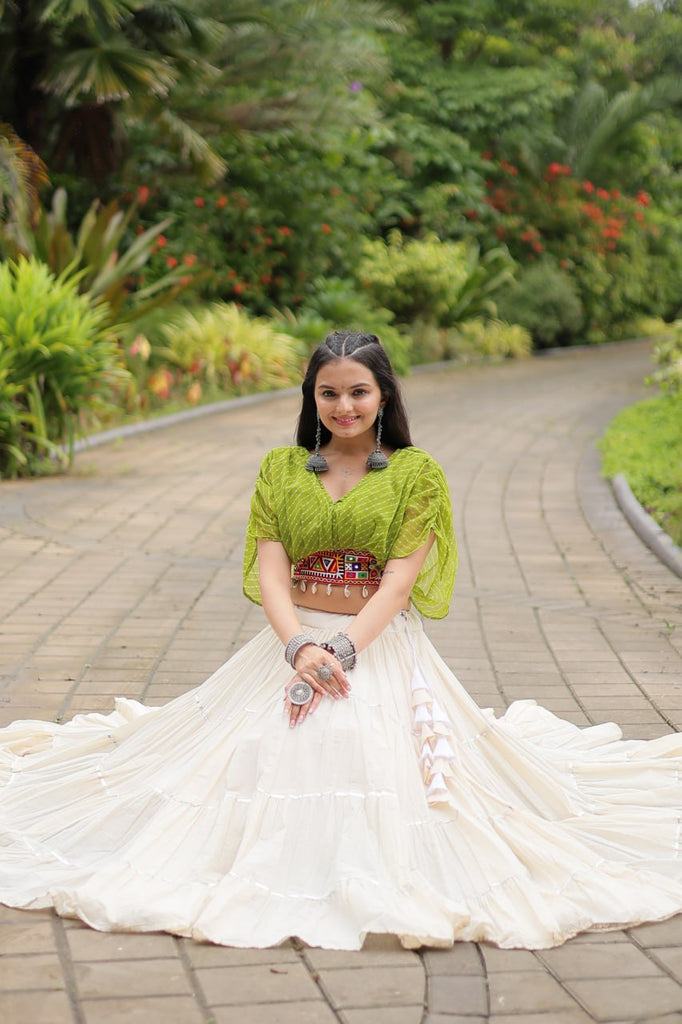 Green Elegant Lehenga with Leheriya Print Blouse ClothsVilla