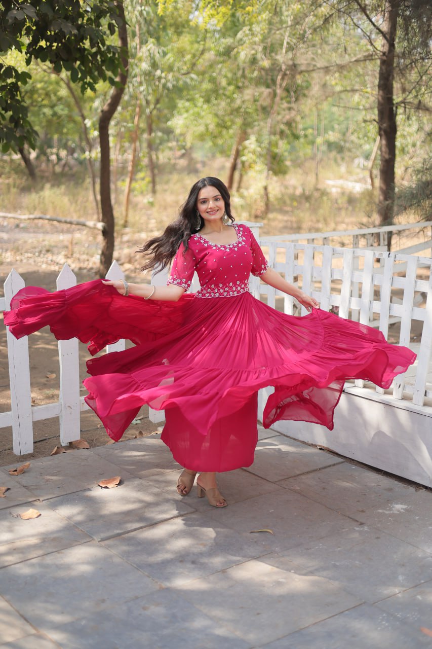 Pink Exquisite Faux Blooming Gown with Beads Embroidery ClothsVilla Main image